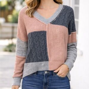 No Comment Pink Colorblock V Neck Sweater Large‎